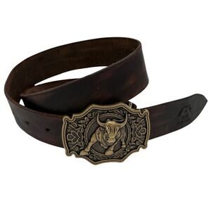 Massimo Vella Leather Goods Bull Buckle Brown Belt Americana Western Cowboy